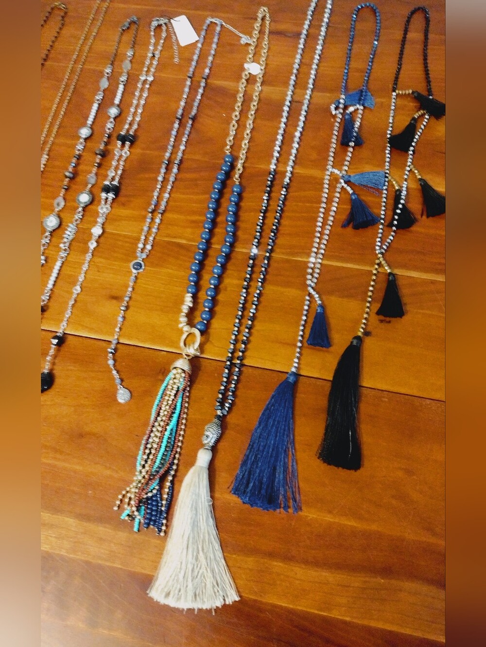 Tassel Beaded Necklace Lot — Blue, Black, Cream 15 Necklaces